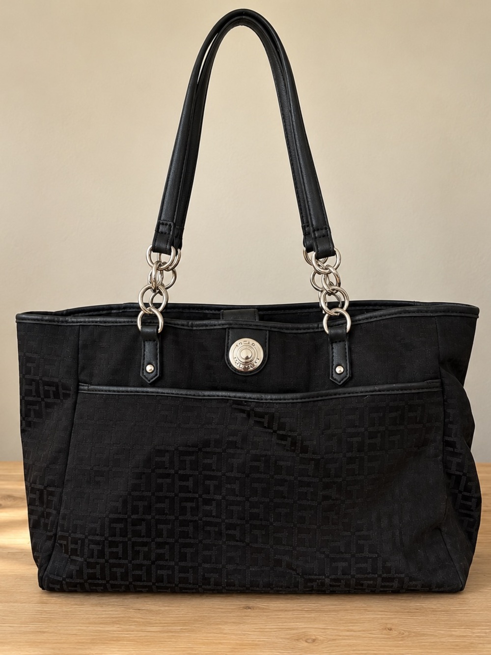 Tommy Hilfiger Black Logo Jacquard Tote with Chain-Link Handles